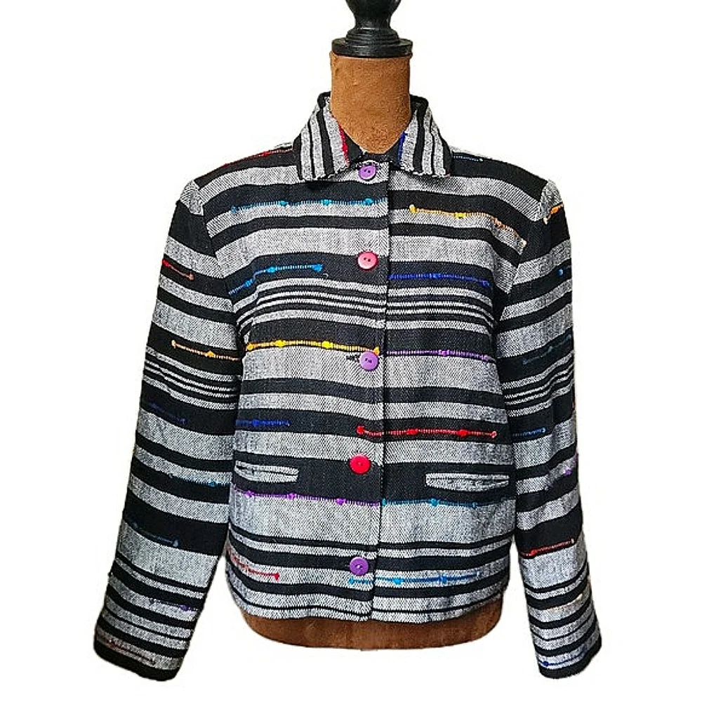 Vintage Ana's Fashion Button Up Boxy Jacket Striped Multicolor Black White Women
